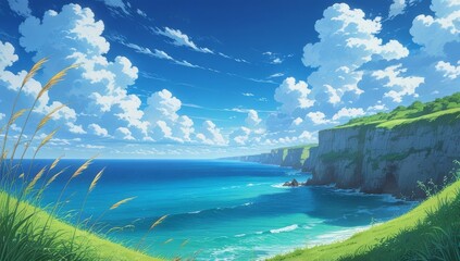 Anime aesthetic landscape ocean view cinematic composition