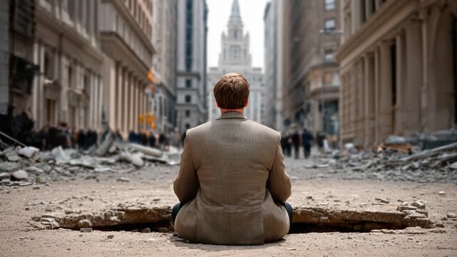 The Solitude of a Survivor: A lone figure, lost in reflection amidst the ruins of an urban disaster, confronts an uncertain future in a scene of profound contemplation. 