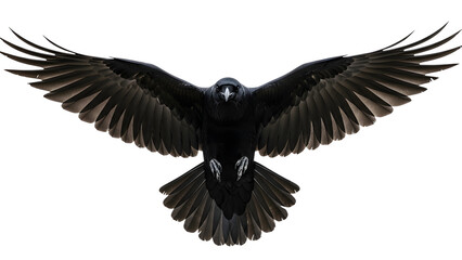 Naklejka premium Black crow flying wings spread isolated on white background raven bird animal wildlife photography 100 on transparent background