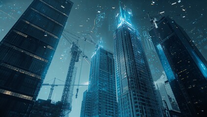 Futuristic construction technology concept with robotic cranes, digital holographic blueprints, and high-rise smart buildings under development, Generative AI
