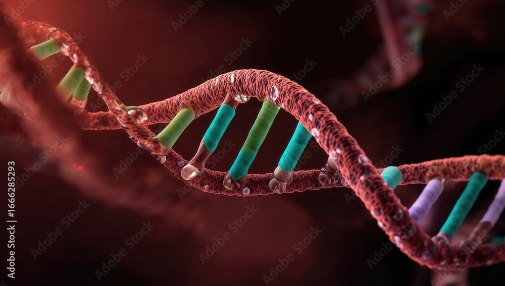 Poster close-up of a dna double helix structure with colorful base pairs against a dark background