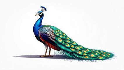 Obraz premium A close-up portrait of a colorful male peafowl with blue plumage and a beautiful green feather tail