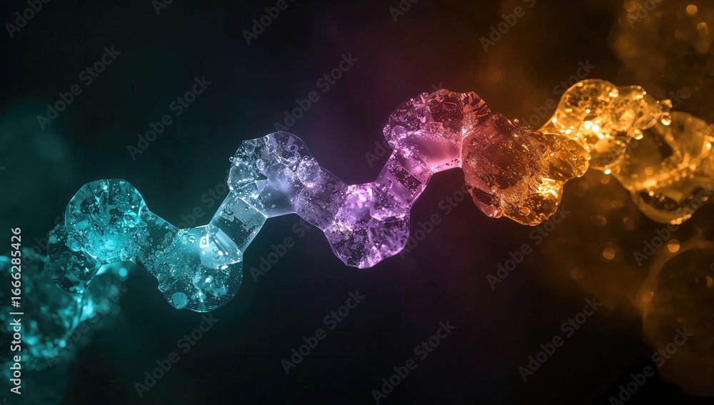 Poster colorful abstract representation of molecular or atomic structures with glowing effects