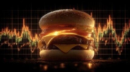 Delicious Cheeseburger with Digital Data Visualization Background for Food and Technology Concept