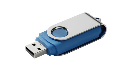 Usb flash drive blue and silver swivel portable data storage device technology memory stick isolated close up on transparent background