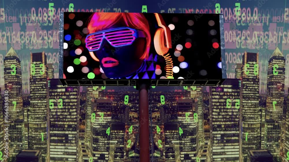 Poster city with overlayed code and data and billboard with disco dancer