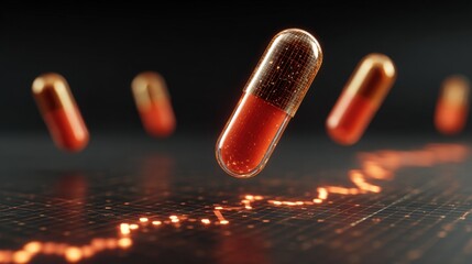 Dynamic Visual of Floating Medication Capsule with Abstract Data Visualization Background in Professional Healthcare Setting