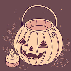 A festive halloween scene featuring a pumpkin lantern and a moonlit night with a spooky tree trunk