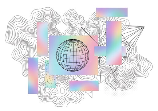 Abstract Geometric Design with Holographic Shapes and World Globe.