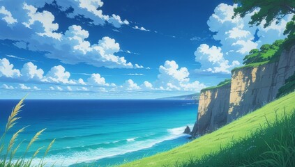 Anime aesthetic landscape ocean view cinematic composition