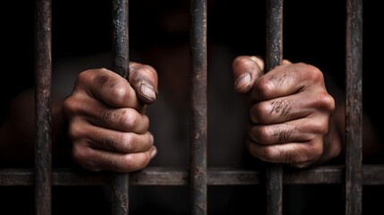 A prisoner clutches rusted metal bars his hands tense The darkness is pervasive highlighting the grit and resilience in confinement