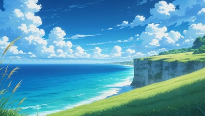Anime aesthetic landscape ocean view cinematic composition
