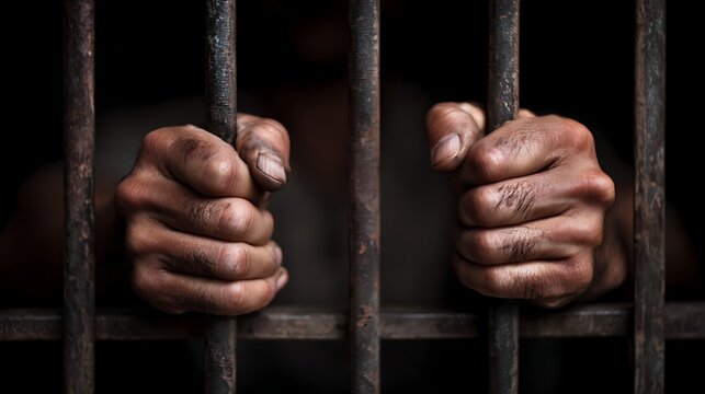 A prisoner clutches rusted metal bars his hands tense The darkness is pervasive highlighting the grit and resilience in confinement