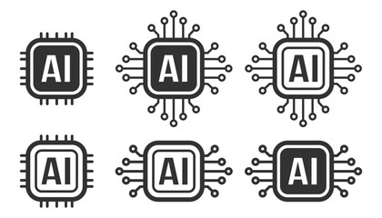 AI chip processor circuit board icon set, artificial intelligence CPU symbol collection, vector illustration on transparent background