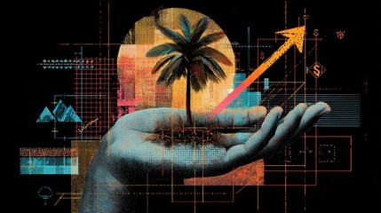 Abstract design of a hand holding a palm tree symbolizing growth, nature, and digital technology in a vibrant black background.