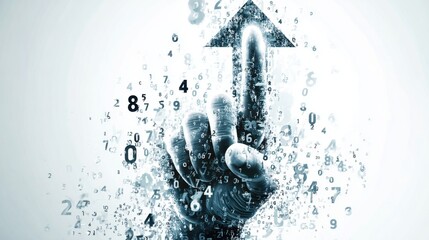 Abstract representation of a human hand pointing upwards surrounded by flowing digital numbers and symbols in a modern design