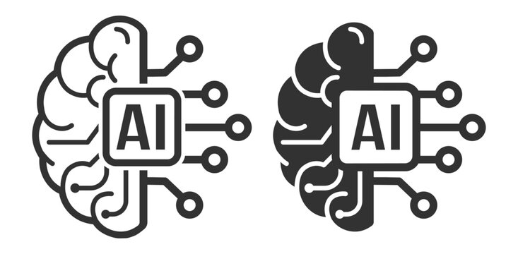 AI brain chip icon set, modern artificial intelligence technology symbol, machine learning vector design on transparent background