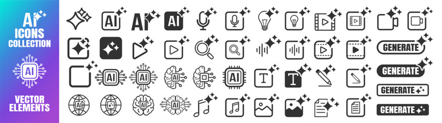 AI icon collection, artificial intelligence generate buttons, processor, brain, search, media, text, image, video and audio symbols set on transparent background