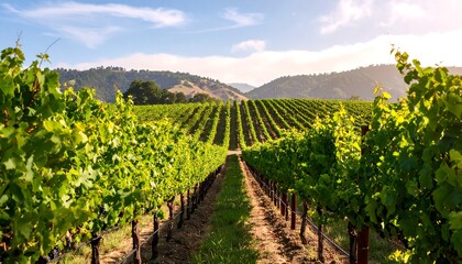 Lush vineyard rows stretch into a sunlit valley