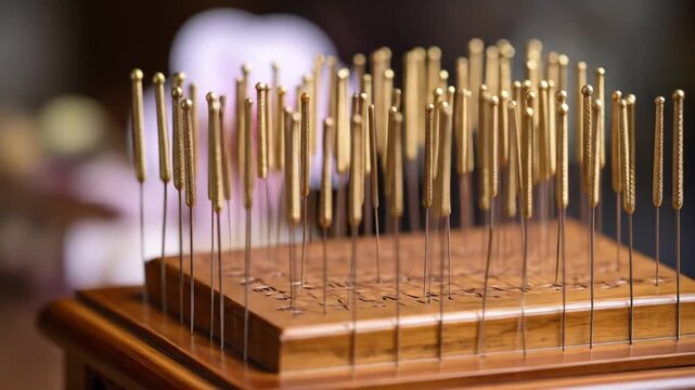 Acupuncture needles arranged on a wooden board