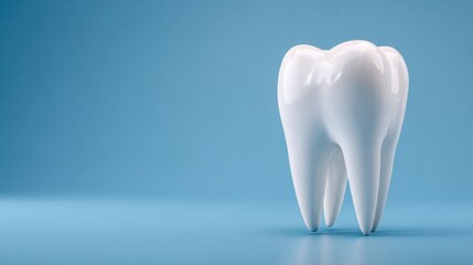 Realistic 3D Render of a Glossy White Tooth Against a Smooth Blue Background for Dental Themes