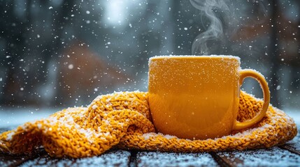 Warm yellow mug, snowy day