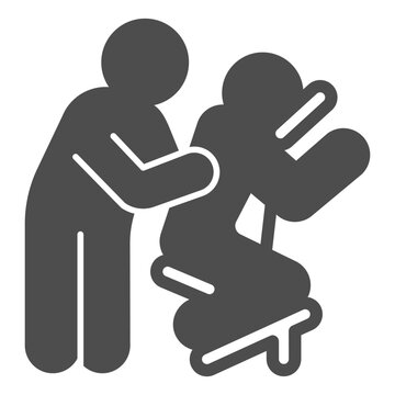 Masseur with man at salon chair solid icon, spa massage concept. Vector graphics. Massaging art for client back, therapy sign on white background, glyph style icon for mobile or web design.