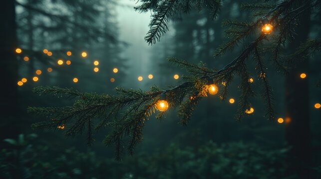 Warm lights on misty forest branch - Powered by Adobe
