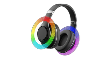 Close up of transparent headphones with rgb lighting on a transparent background in studio shot