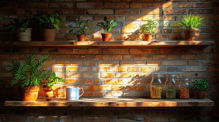 Wooden shelves with plants and jars against a brick wall. Sunlight streams through, casting shadows