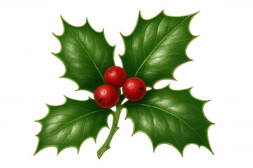 Sprig of holly with vibrant green leaves and red berries, isolated on transparent background, embodying the spirit of christmas