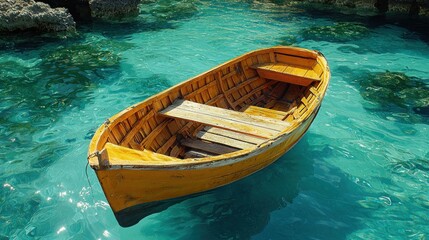 Obraz premium Yellow wooden boat on turquoise water