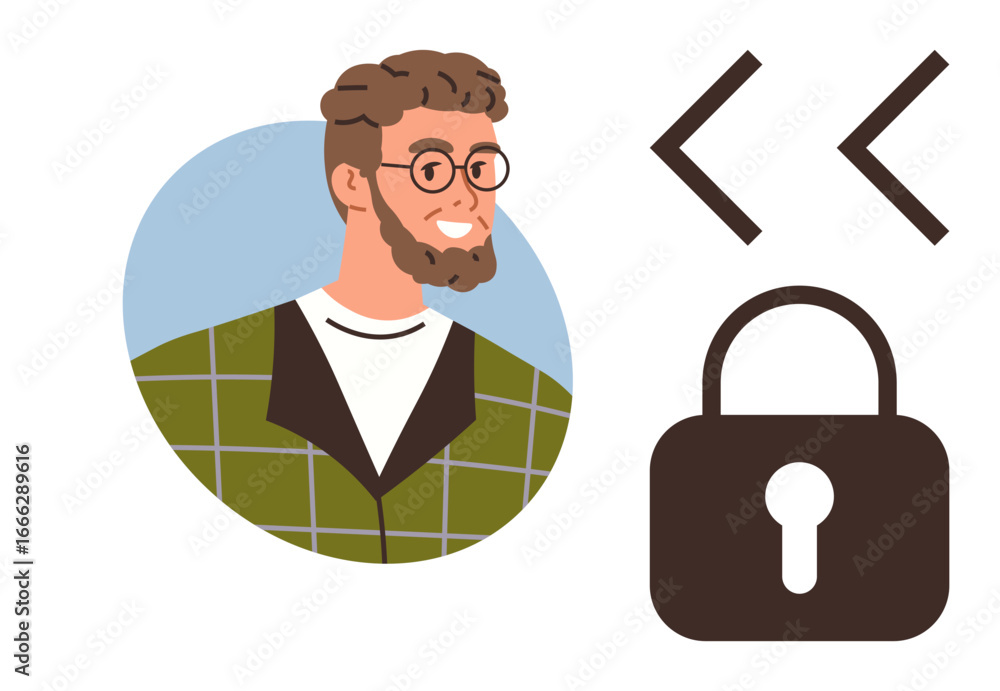 Poster smiling man with glasses, coding brackets, and padlock suggest programming, web security, or safe de