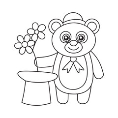 A cute cartoon teddy bear holding flowers and standing next to a magician's hat in a simple line drawing