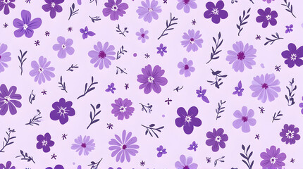 Floral Pattern with Purple Flowers and Delicate Twigs on Lilac Background