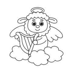 Adorable cartoon sheep angel playing a harp surrounded by clouds on a white background lamb character