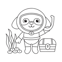 Cartoon dog dressed as a diver with a snorkel mask, fins, and a treasure chest puppy scuba diver