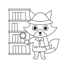 Cartoon Fox Detective with Magnifying Glass and Bookshelf on a White Background investigator mystery