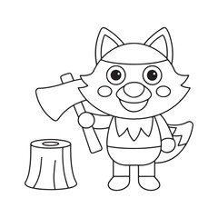 Cartoon fox dressed as a lumberjack holding an axe next to a tree stump outline animal drawing