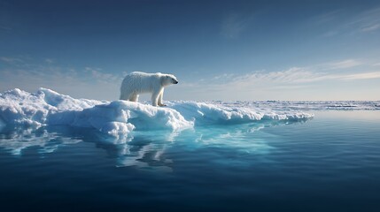 Naklejka premium A lone polar bear standing on a sheet of ice under a vast blue sky The bear is a symbol of resilience yet vulnerability in the Arctic