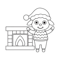 Cheerful cartoon sheep wearing a Santa hat and sweater by a fireplace lamb animal