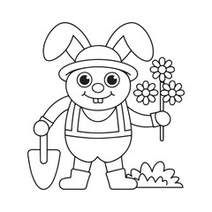 Cute cartoon bunny character in overalls holding a shovel and flowers on a white background rabbit