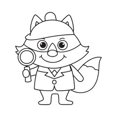 Cute cartoon fox detective wearing a hat and holding a magnifying glass investigation mystery