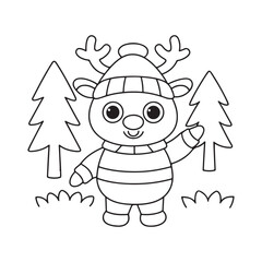 Cute cartoon reindeer wearing a winter hat and scarf line art for Christmas holiday animal