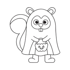 Cute cartoon squirrel dressed as a ghost holding a Halloween pumpkin candy bucket outline animal