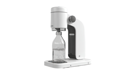 A white countertop device for carbonating beverages in glass bottles.  It features a bottle-holding base, a top cap mechanism, and a control arm