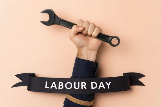 Labour Day celebration with a clenched fist holding a wrench, representing workers' rights and unity