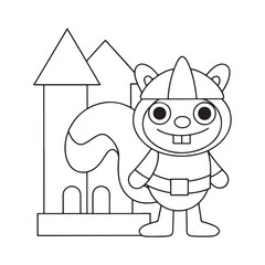 Whimsical cartoon squirrel in a knight costume standing in front of a castle outline animal character