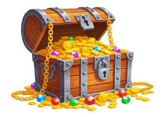 A vintage wooden treasure chest overflowing with gold coins and colorful gems isolated on transparent background