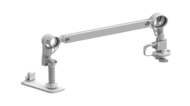 Light gray robotic arm with multiple joints and attachments.  Base plate, long arm, two joints, circular connections,  small components.  Detailed 3D model